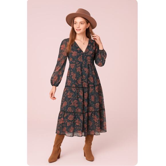 Band of the Free XS Dark Green Floral Boho Cottage Maxi Dress tiered - Picture 3 of 13